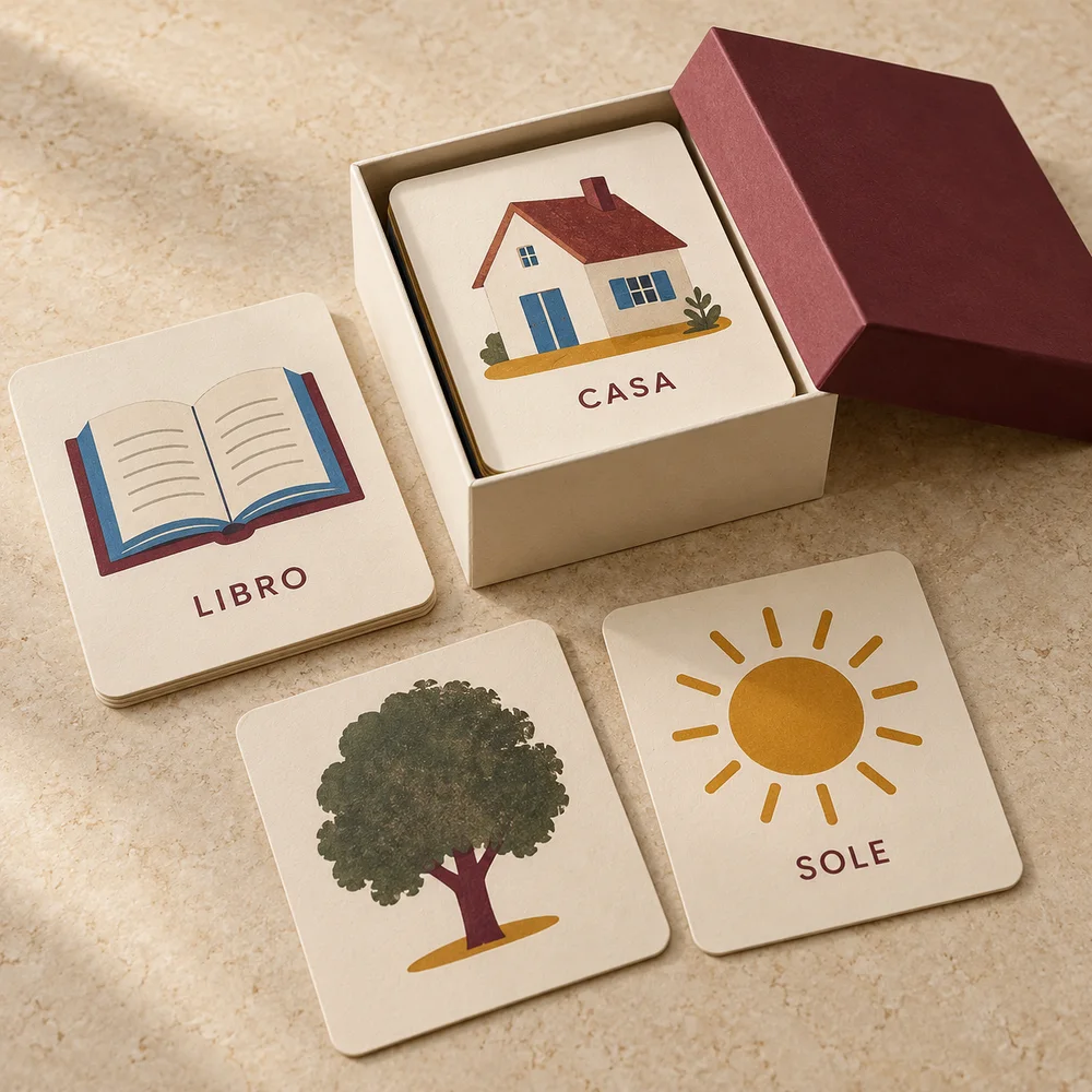 Flashcard illustrate per l’italiano — visualizzazione illustrativa della configurazione su misura