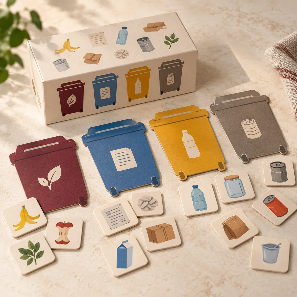 Kit didattico sulla raccolta differenziata — visualizzazione illustrativa della configurazione su misura