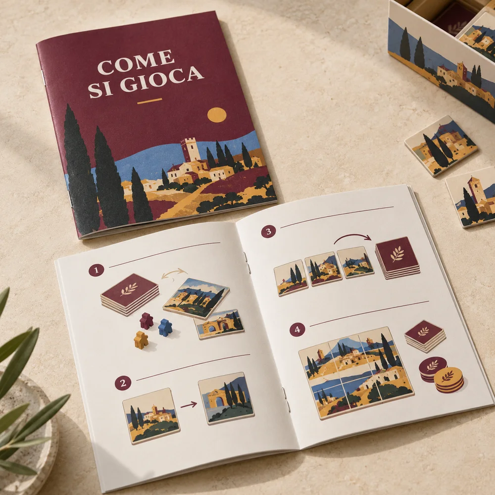 Regolamento stampato per giochi — visualizzazione illustrativa della configurazione su misura